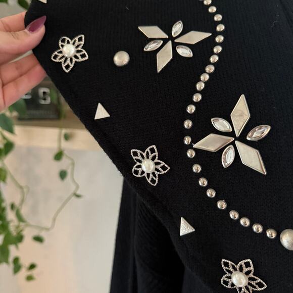 Vintage Embellished Longline Black Cardigan Studded Pearl Heavyweight Lagenlook - Picture 4 of 7